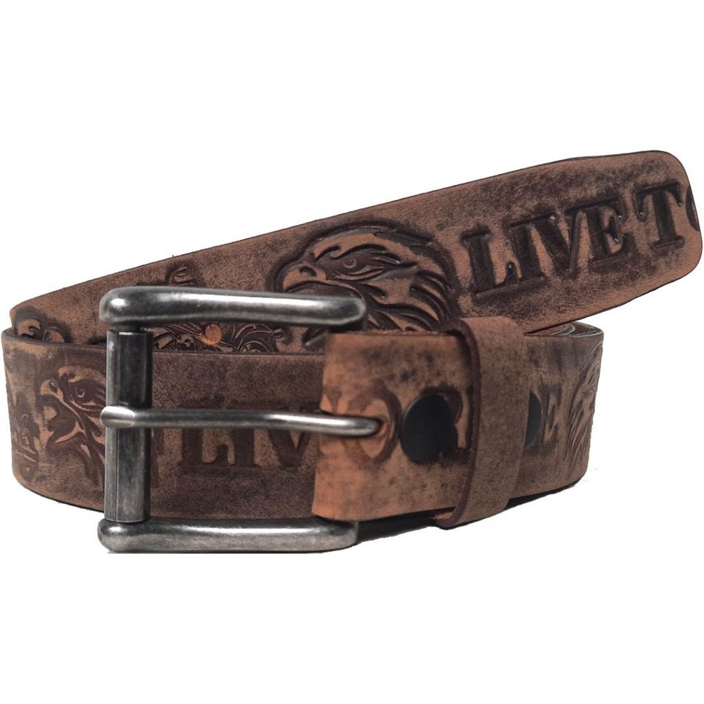 GENUINE COWHIDE LEATHER "LIVE TO RIDE" EMBOSSED BELT 40MM BROWN #1040